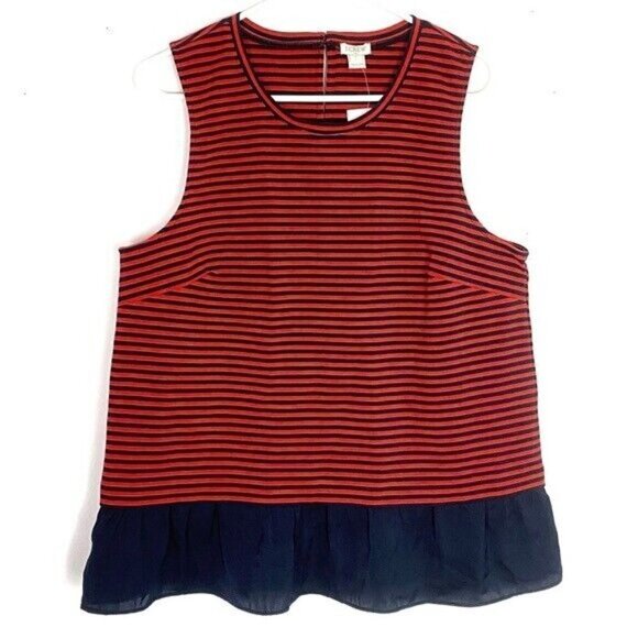 J Crew Sz M Nautical Striped Ruffle Hem Peplum Knit Tank Top Blouse Red Navy - Picture 8 of 8